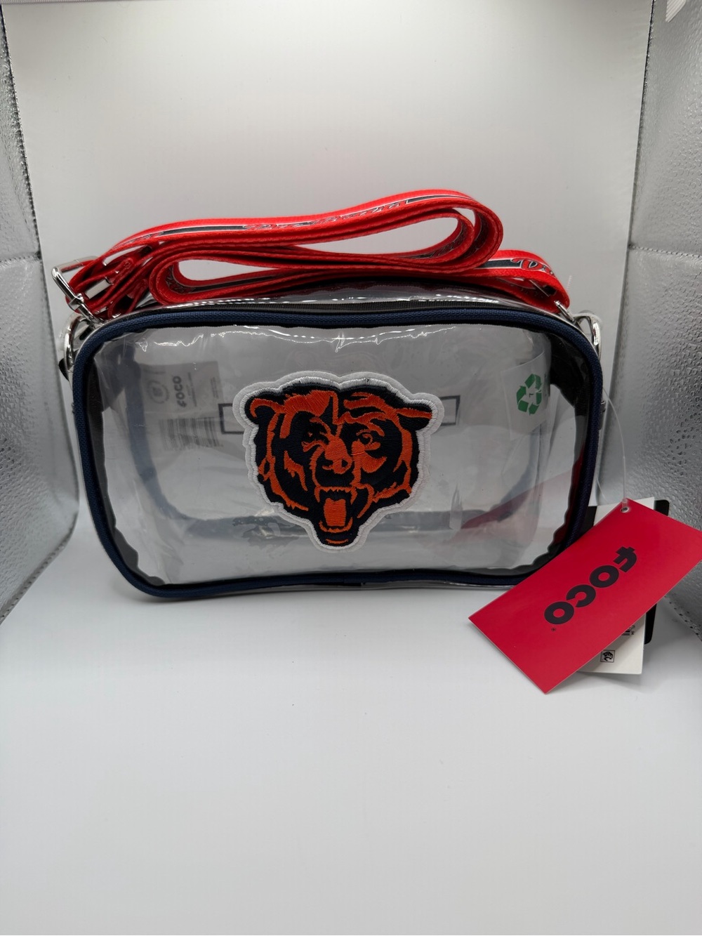 FOCO Clear Crossbody Belt Bag with Navy & Orange, Bear Patch
